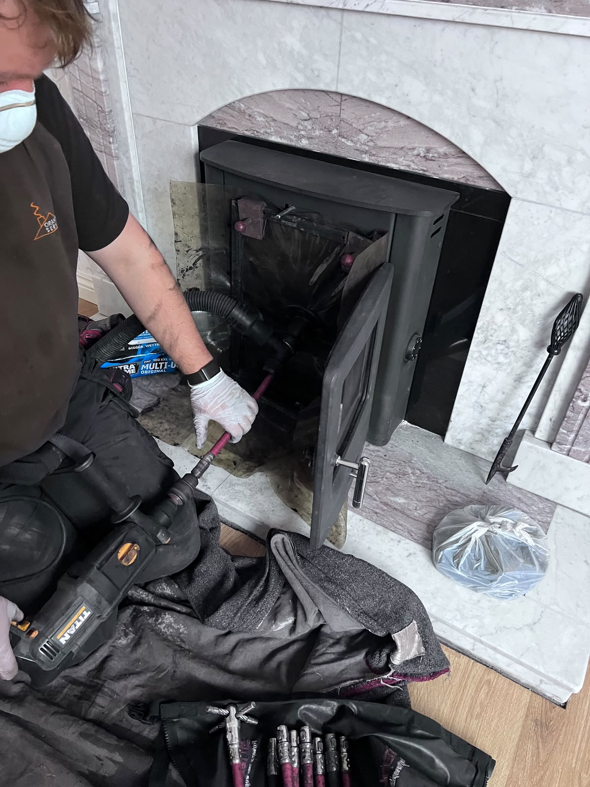 Tools laid out for a chimney sweep