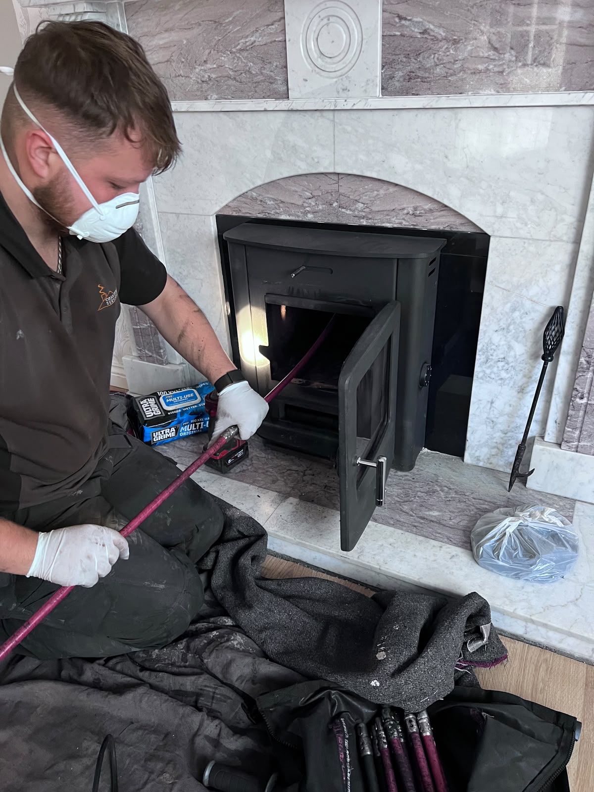 Chimney sweeping tools used on a local job